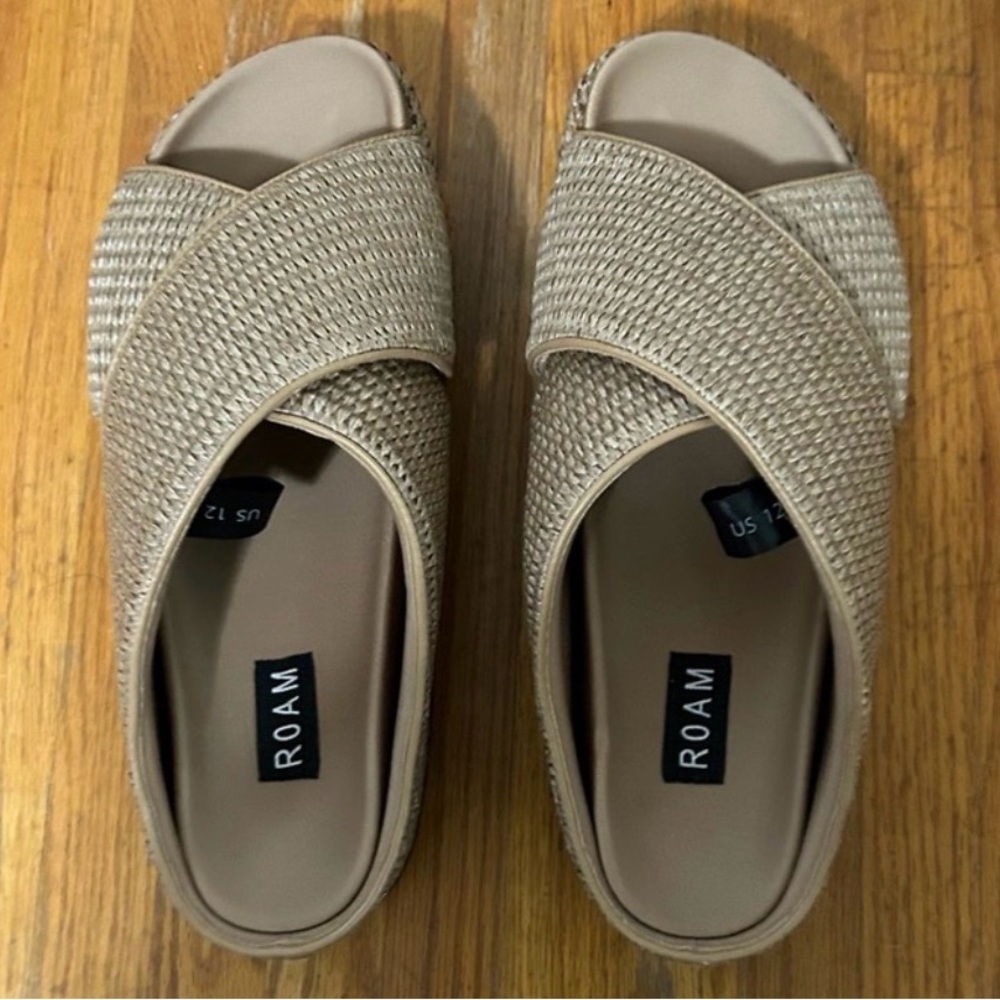 Rear ROAM Tan Woven Platform Slide Sandals - Picture 2 of 7